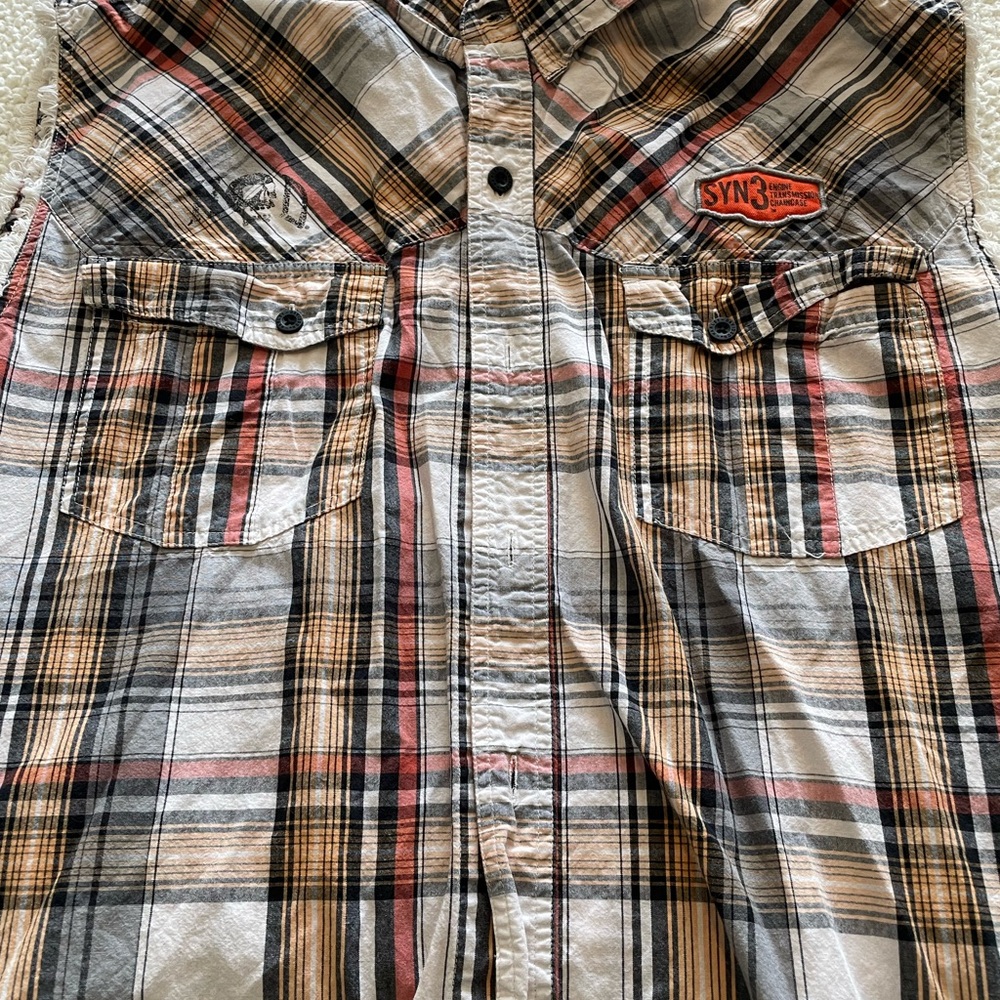 Harley-Davidson Plaid Button-Down Shirt in Black, White, Tan, and Red